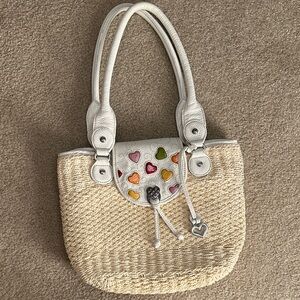 Brighton Beige and White Heart-Accent Straw Shoulder Bag